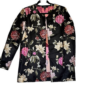 Jacquard Jacket Day/ Evening Formal Black Embroidered Florals Pockets SZ Small